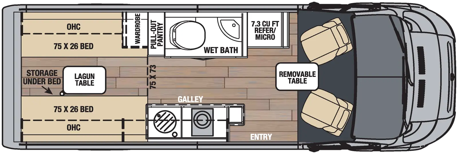 The 20D has no slideouts and one entry. Interior layout front to back: cockpit chairs swivel with removeable table; off-door side refrigerator and microwave, wet bath, and pull-out pantry; door side entry and kitchen galley; rear opposing 75 x 26 inch beds with overhead cabinets with storage underneath and a lagun table, and a wardrobe on the off-door side.